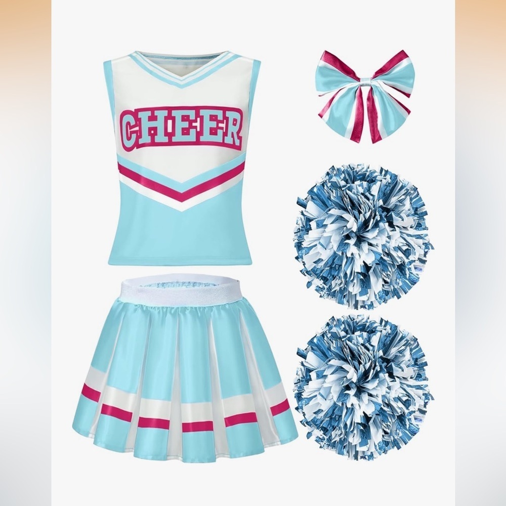 Nwt Cheerleader Costume Set- Blue And Pink Pom Poms, Top Skirt Hair Clip 8-10
